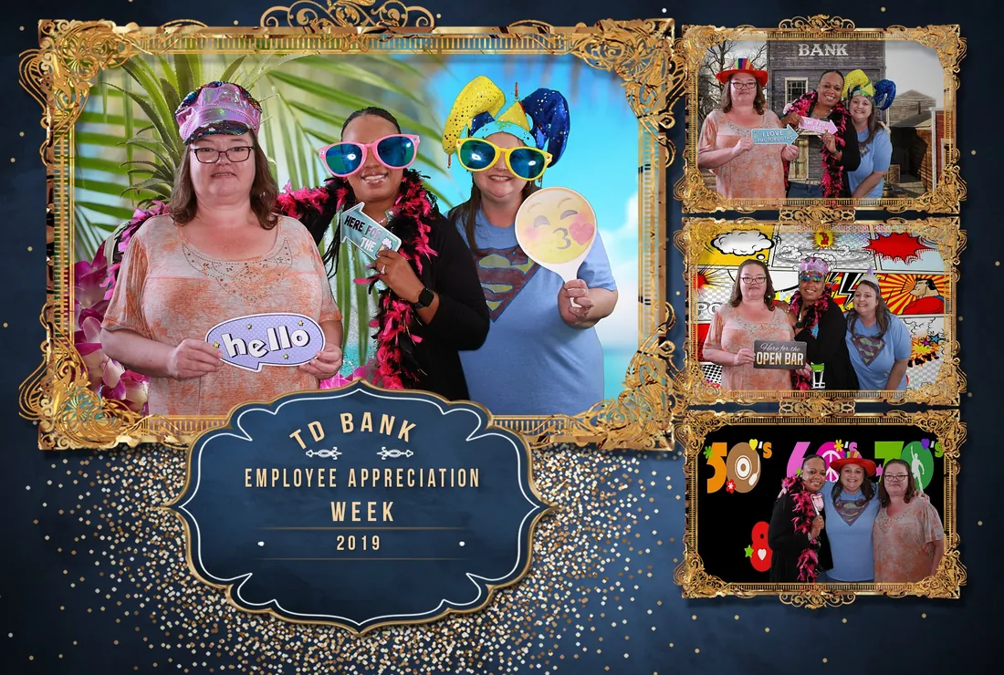Branded 4x6 print from an employee appreciation event showing the same guests on four different green screen backgrounds: a tropical beach, an old western town, a comic book scene and a retro decades backdrop
