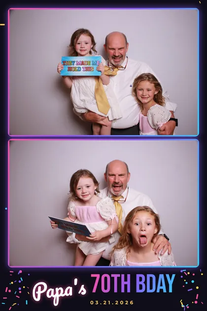 Birthday print of a grandfather with his two granddaughters, neon design reading Papa's 70th Bday