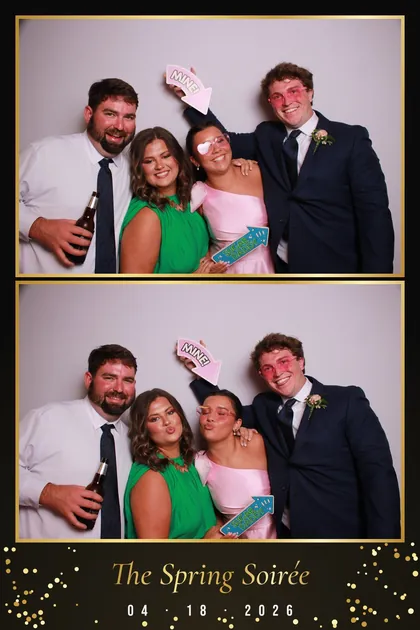 Formal event print of four friends with props, black and gold design reading The Spring Soirée